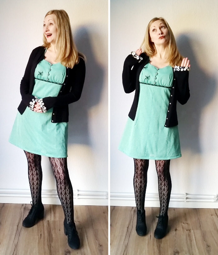Vintage Dress refashion after with button sweater