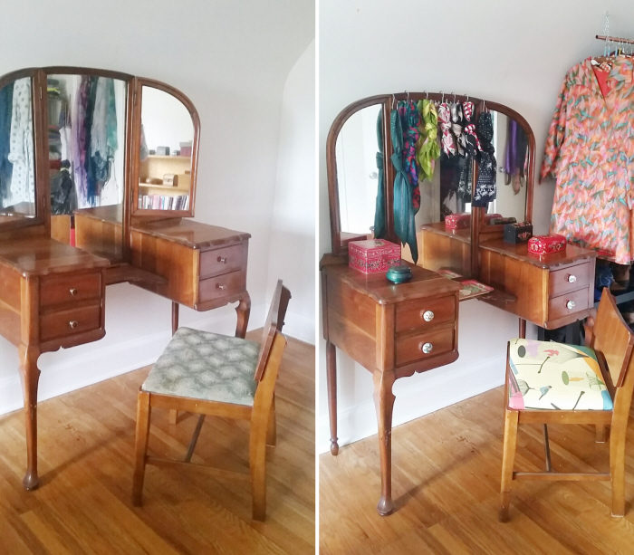 A quick vintage vanity makeover + how to reupholster a seat