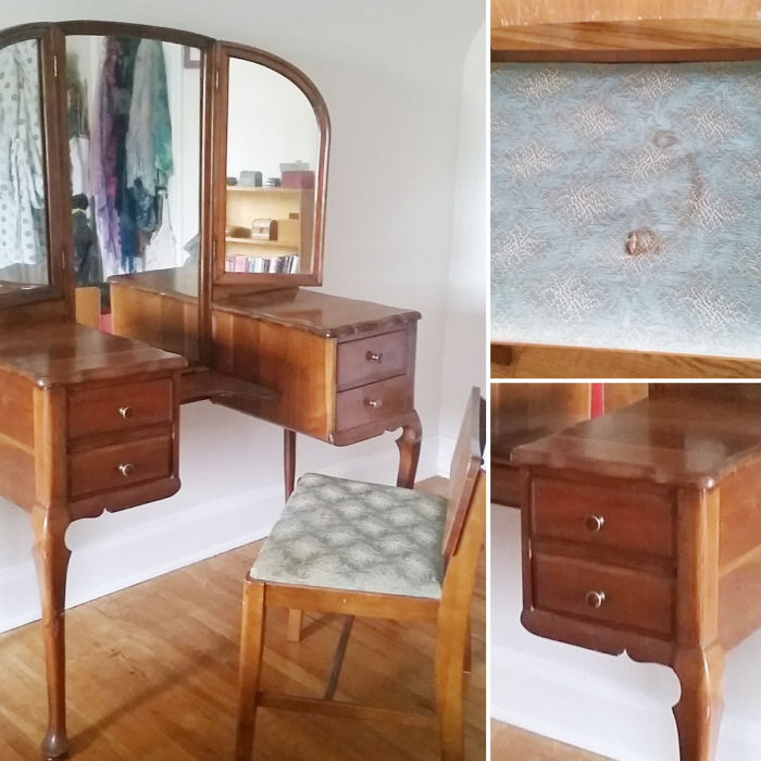 A quick vintage vanity makeover + how to reupholster a seat